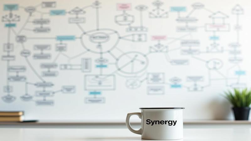 A whiteboard crowded with flowcharts and privacy icons, a coffee mug labeled 'synergy' perched in the foreground.