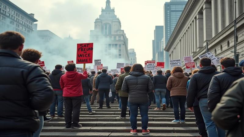 Protesters under hazy sky wave signs near scorched steps, ash in the air, police lines shifting, someone fanning a stack of damp papers like reluctant butterflies.