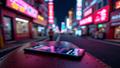 A neon-lit Tokyo arcade sits beside a smartphone screen flashing 'Skip Payment' in retro neon.