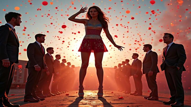 A stadium-sized showgirl silhouette looms over pallets of vinyl while calculators smoke and confetti blizzards; executives in sequined visors salute a bar graph wearing heels.