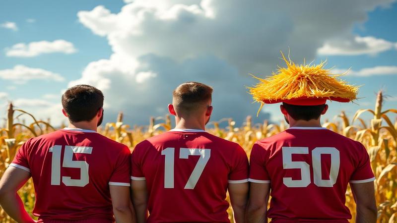 BYU players staring at corn like it’s film study, with a storm cloud wearing a Cyclone hat.