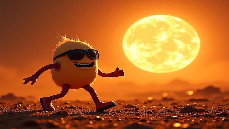 A smug comet in sunglasses struts toward a blazing sun, paparazzi telescopes weeping through melted lenses.