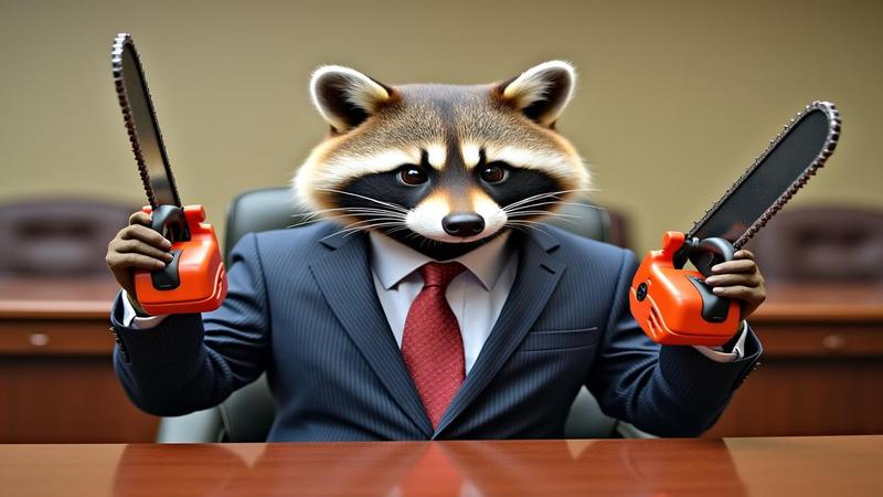 A boardroom raccoon in a pinstripe suit juggling chainsaws labeled Rates, Earnings, and Other People’s Feelings.