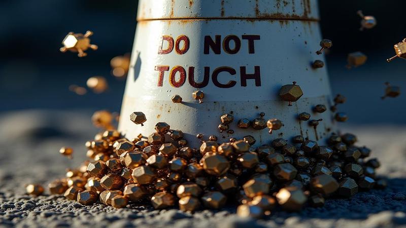 Close-up of a dented rocket stage labeled 'Do Not Touch' as tiny satellite fragments form a passive-aggressive constellation around it.