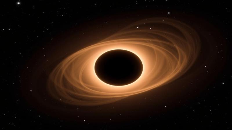 A black hole silhouette with a latte-like accretion disk swirls against a starry backdrop.