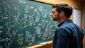 Avi Loeb peers at a chalkboard crowded with star charts and doodles, looking either visionary or very caffeinated.