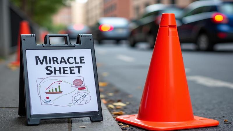 A balance sheet graphic labeled miracle quarter sits next to a curbside dashboard, as a traffic cone looks on with judgment.