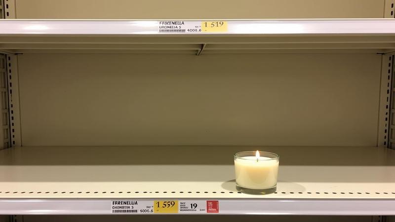 Empty store shelf where insect repellents used to be, with a single lonely citronella candle and a panicked price tag.