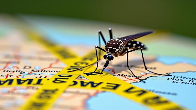 Close-up of a Minnesota map draped in caution tape while a giant, smug mosquito hovers over a backyard birdbath.