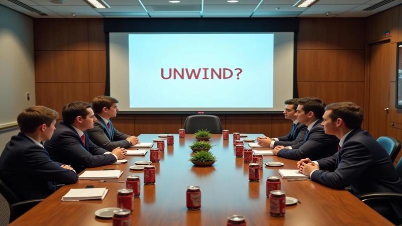 Boardroom table with coffee cups and soda cans arranged like a failed Venn diagram, executives staring at a PowerPoint slide that just says “UNWIND?” in jittery fonts.