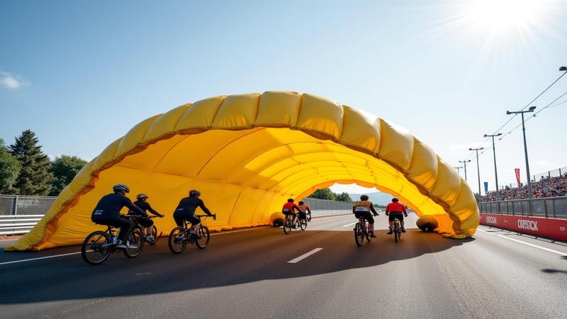 Deflated race arch sprawled on hot asphalt, riders using it as shade like a very tired party balloon.