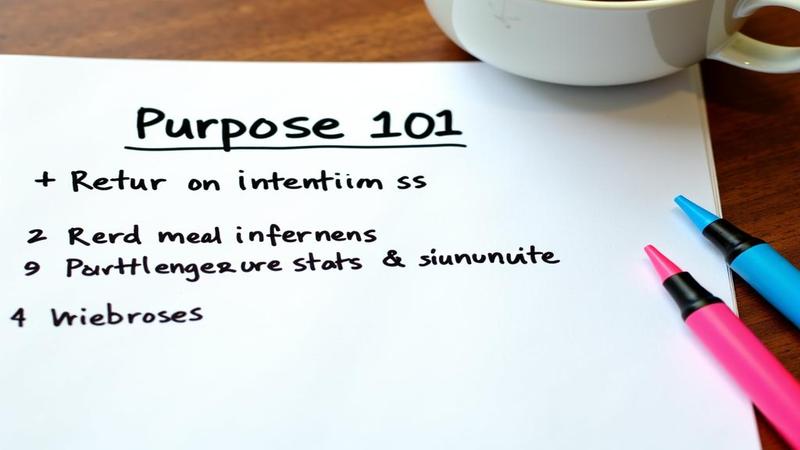 Close-up of a syllabus titled Purpose 101, with bullet points like Return on Intention and Kindness per Invoice beside a coffee cup and nervous highlighters.