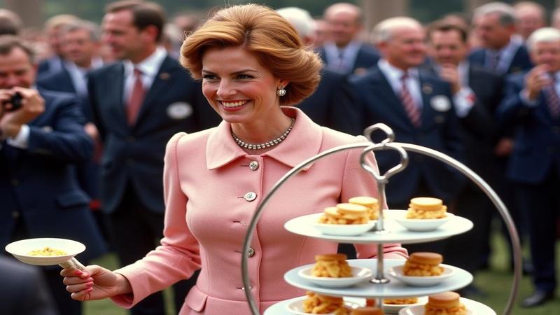 Sarah Ferguson mid-step by a trampoline-sized tea tray, crown askew, corgi cheering as paparazzi orbit like gulls over chips.