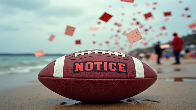 Close-up of a football stamped NOTICE in red, as sideline papers scatter dramatically in the Lake Michigan wind.