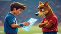 Backup QB squints at a neon play sheet while a sideline mascot ponders the meaning of improvisation.