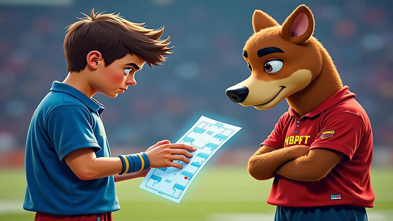 Backup QB squints at a neon play sheet while a sideline mascot ponders the meaning of improvisation.