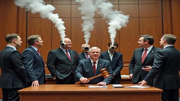 Courtroom scene with executives in suits, exhaust pipes as neckties, and a judge holding a tailpipe like a gavel, smoke forming a halo of legalese.