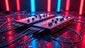 gleaming Ally handhelds on a glossy stage with cables looping like pop-art spaghetti.
