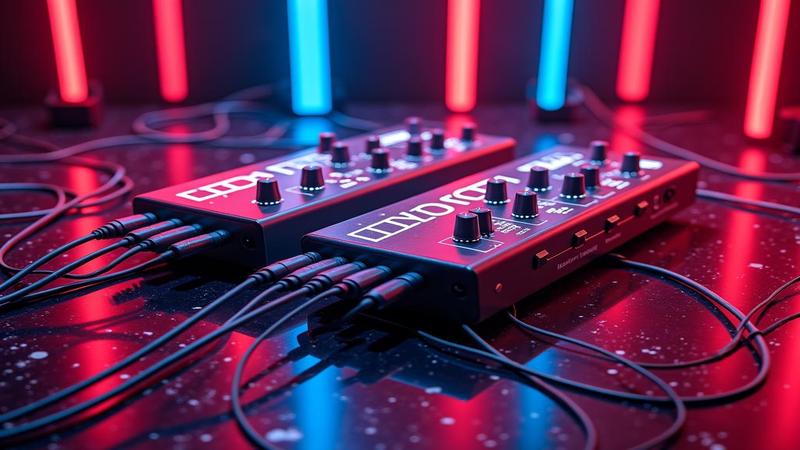 gleaming Ally handhelds on a glossy stage with cables looping like pop-art spaghetti.