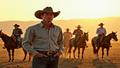 Costner stands on a sunlit ranch set, cowboys in the background, delivering a calm, cowboy-styled denial.