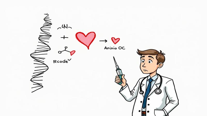 Whiteboard diagram showing amoebic love hearts between RNA and amino acids, with a stressed scientist holding a pipette like a wedding officiant.