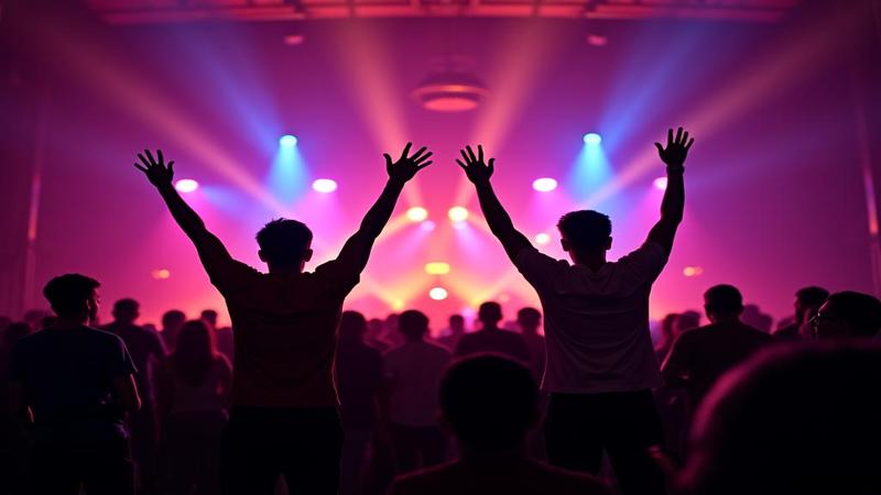 Two illuminated silhouettes hover over a crowd of excited fans in neon glow.