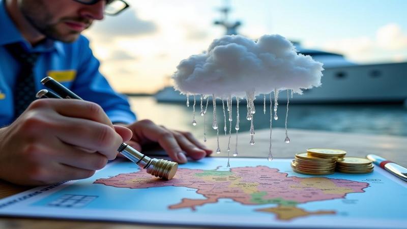 Customs officer stamps a cloud raining money over a map of Ukraine as a yacht sulks in the background.