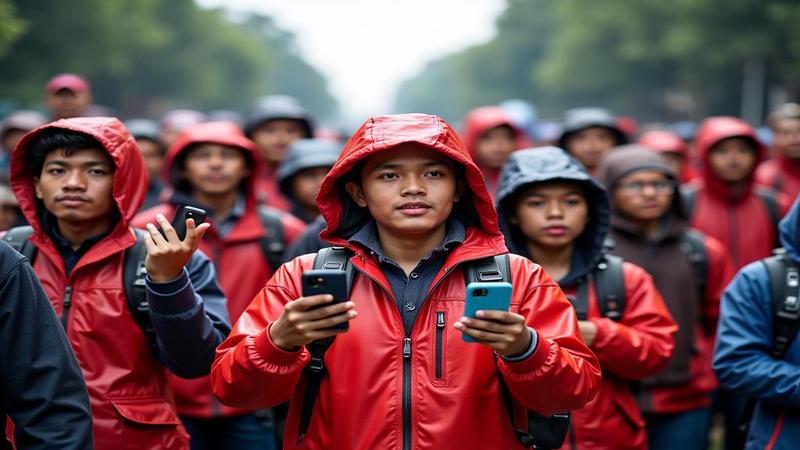 Young Nepali protesters hold placards and phones in Kathmandu, chanting in unison, raincoats and determination glinting under monsoon light, while police lines watch confusion trend.