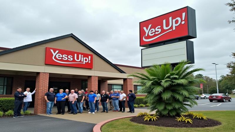 Pop-up clinic under gray skies as cheerful staff point to a massive sign that reads Yes, while a line of confused but relieved residents and one perfectly normal fern waits.