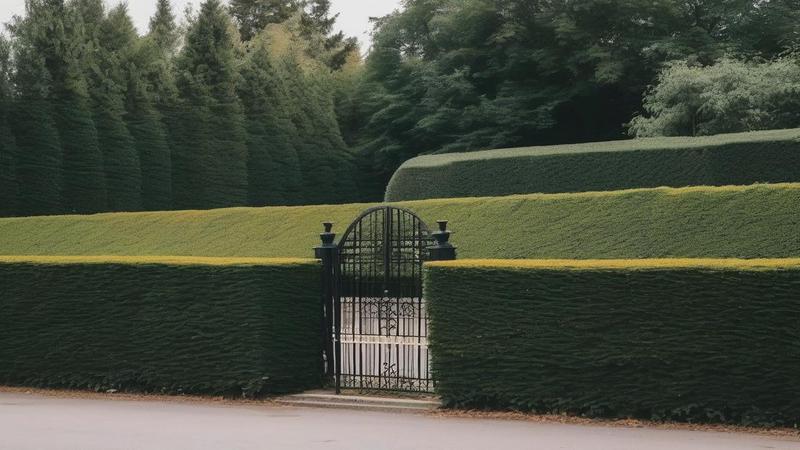 Gated state dacha behind manicured hedges, closed umbrellas aligned like soldiers, sign claims 'Everything Normal' beside a very abnormal horizon.