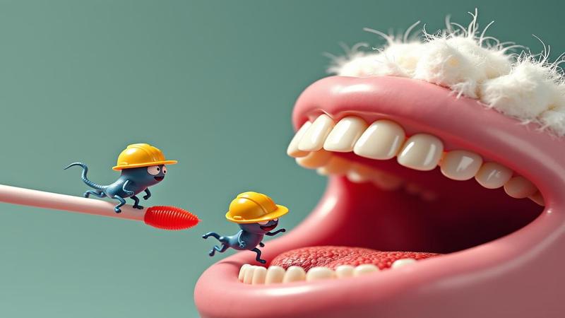 Close-up of a cotton swab approaching a mouth, with playful cartoon bacteria and tiny hardhats hovering, like microbes running a dubious construction site.