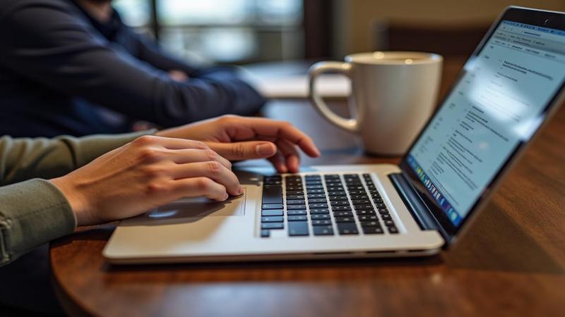 Hands flipping a laptop display to portrait while the keyboard sulks; coffee mug watches with unionized skepticism.