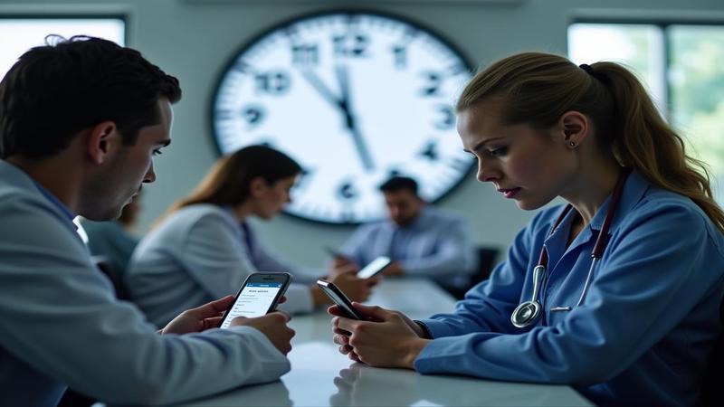 Anxious patients peer at future-dated lab results on phones in a waiting room, a clock face blurring forward behind them.
