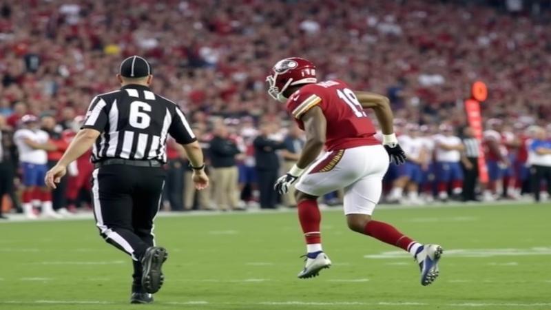 Referee's whistle squeaks as a receiver pretends to sprint to glory.