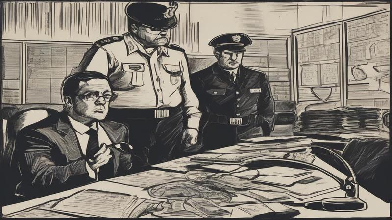 A customs officer with a magnifying glass interrogates a CPU on a velvet pillow, while trade negotiators exchange flowcharts in the background.