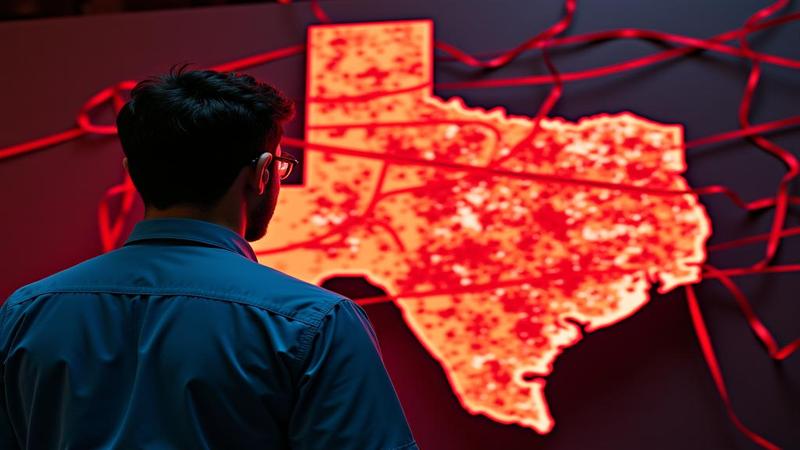 A CDC epidemiologist staring at a Texas map lit with red blotches, tangled in literal red tape.