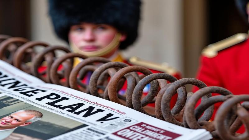 Close-up of a royal spring labeled 'Bounce Plan V' beside tabloids, with a stoic Queen’s Guard wearing practice earplugs.