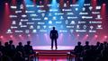CEO on a stage of flashing logos unveils an all encompassing empire of games, services, and cliffhanger endings.