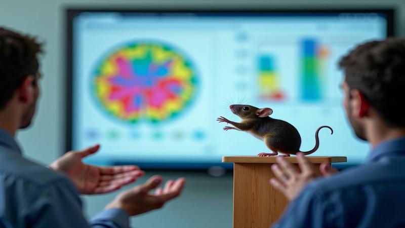 A lab mouse at a tiny podium pointing to a colorful brain chart, while researchers clap like it just cured Excel.