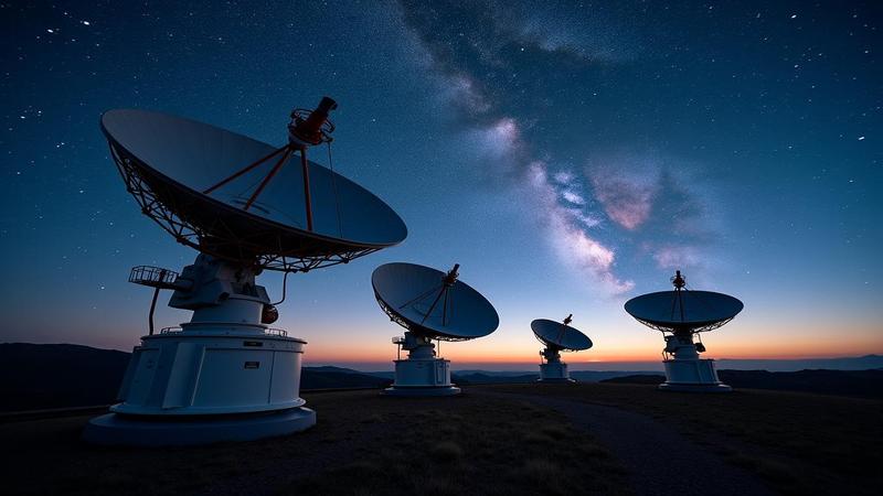 Radio telescope dishes under night sky, with exaggerated labels pretending the galaxy follows house rules.