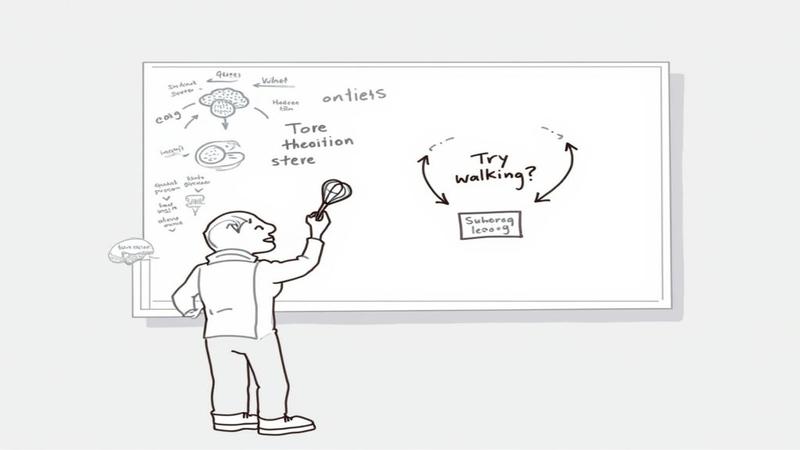 Whiteboard crammed with brain doodles, arrows, and 'Try walking?' circled thrice. A researcher tosses a dart labeled 'genes' and hits a box reading 'shrug emoji'.