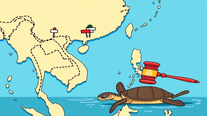 A map of the South China Sea with dotted lines, tiny fish holding protest signs, and a judge’s gavel floating like driftwood near an anxious sea turtle.