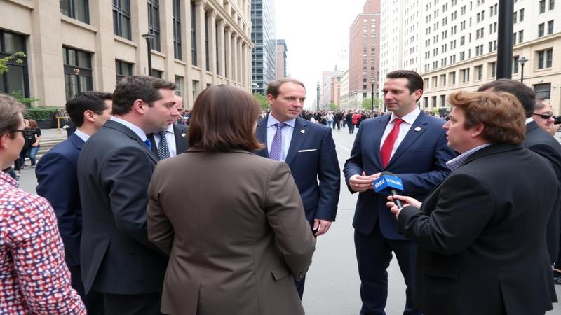 Dignitaries gather nearby, maps and microphones in hand, as the city debates what counts as progress.