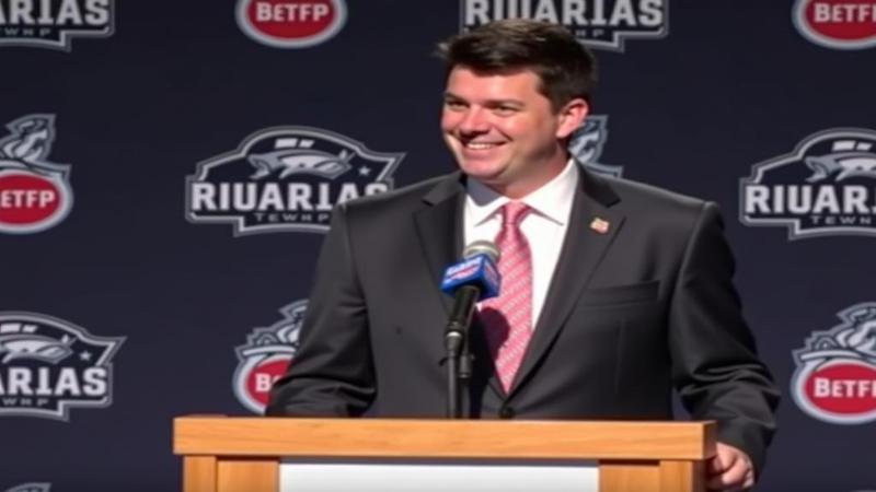 Ryan Day at a podium, mid-gesture, grinning like a man who just discovered defense counts as offense.