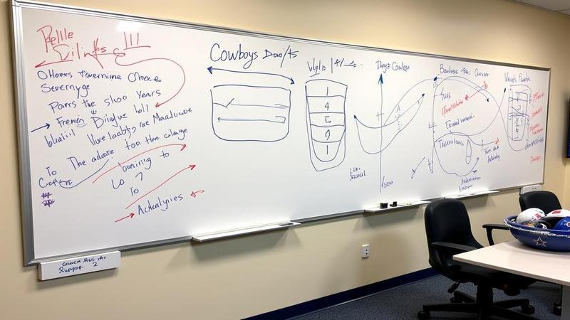 Cowboys draft room whiteboards tangled in arrows, a dartboard labeled analytics, and confetti cannons primed next to a bowl of unclaimed draft hats.