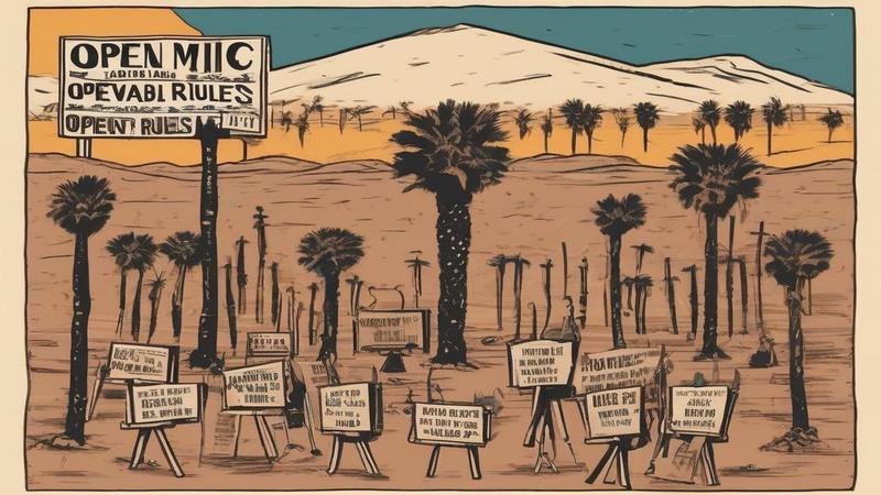 Comedian on a desert stage, microphones sprouting like palm trees, audience laughing while a sign reads 