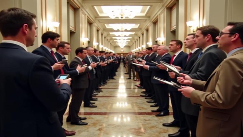 Secondary image shows reporters jostling for space as microphones echo the word talks across marble corridors.
