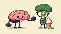 Cartoon brain lifting a broccoli dumbbell while a sulking DNA helix clutches a melted ice cream cone.