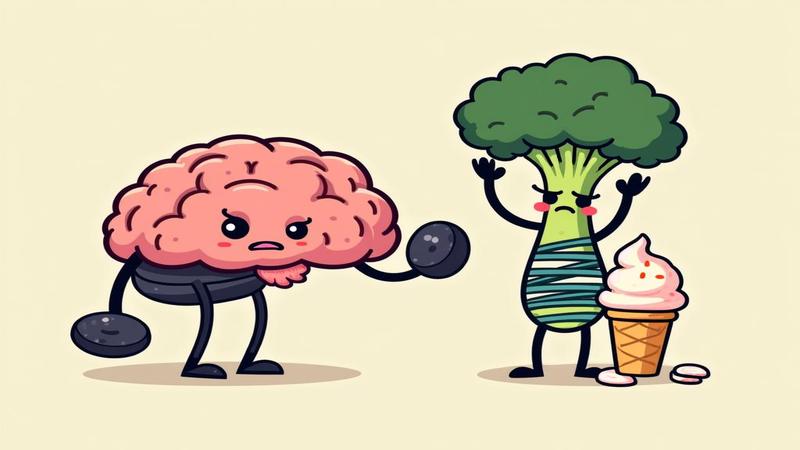 Cartoon brain lifting a broccoli dumbbell while a sulking DNA helix clutches a melted ice cream cone.