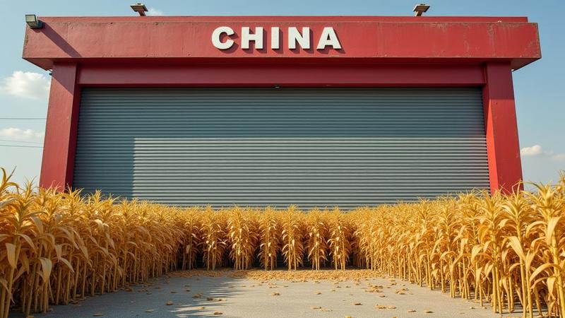 A shuttered port gate labeled China while soybeans queue like tourists denied visas, waving tiny passports made of chaff.